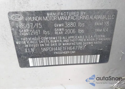 2015 Hyundai Elantra Se из США, поврежденный, VIN 5NPDH4AE1FH647787